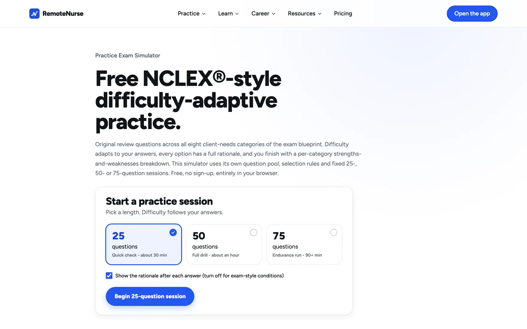 The free NCLEX-style practice exam with 25, 50 and 75 question sessions.