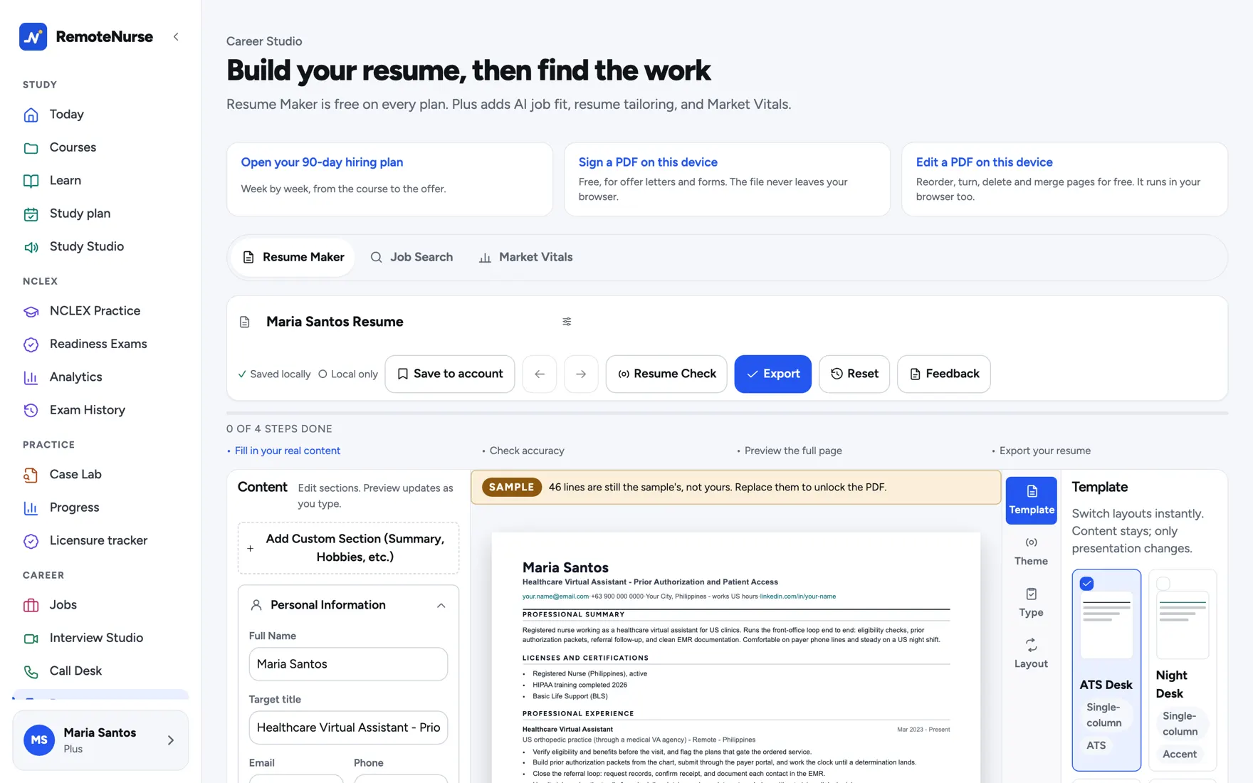 The resume maker with sections on the left and a live preview of the page.